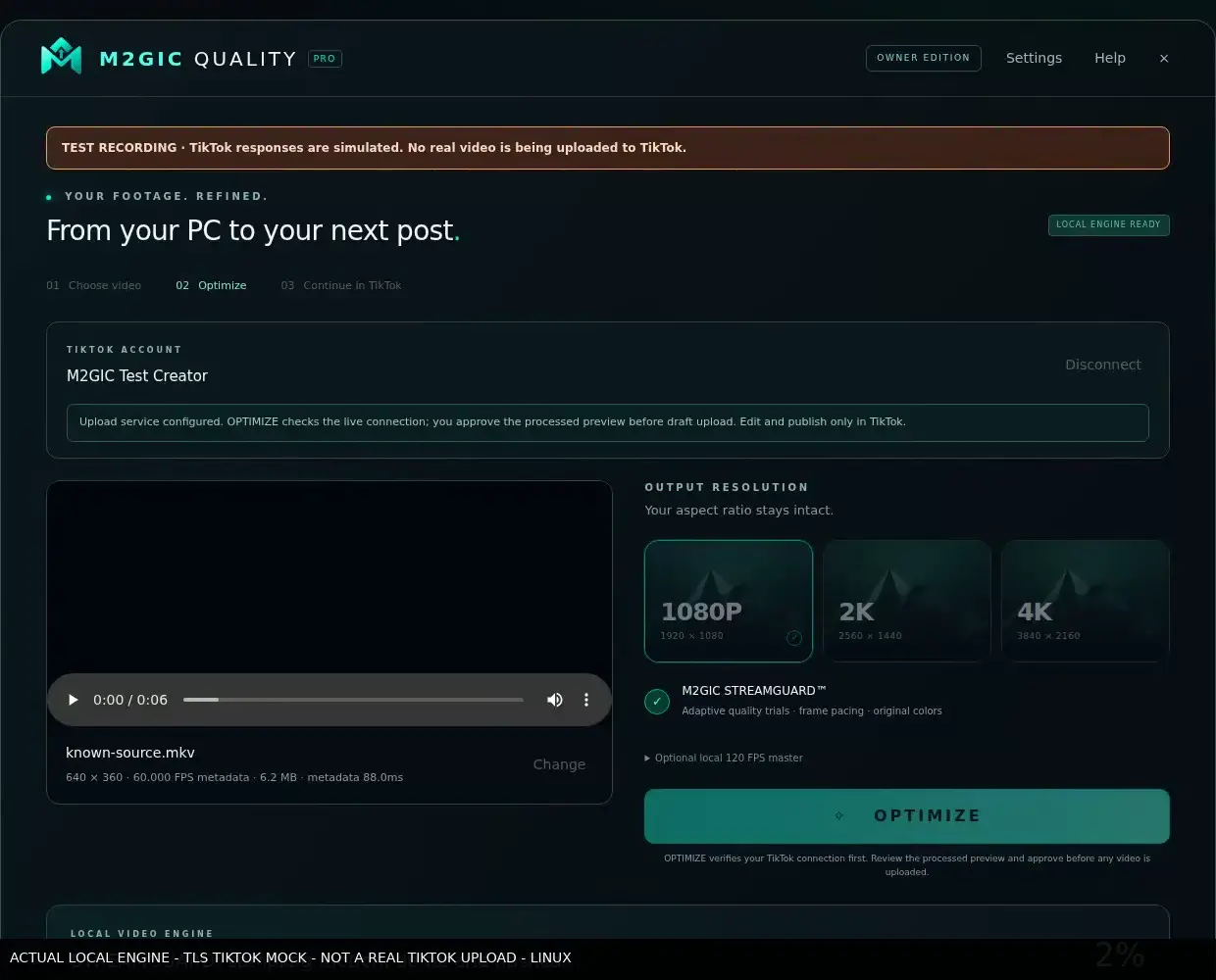 Actual M2GIC development interface showing output resolutions and Optimize. Its test banner explicitly identifies simulated TikTok responses.